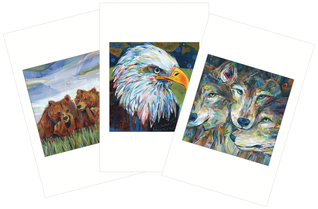 an eagle, wolves, and bears